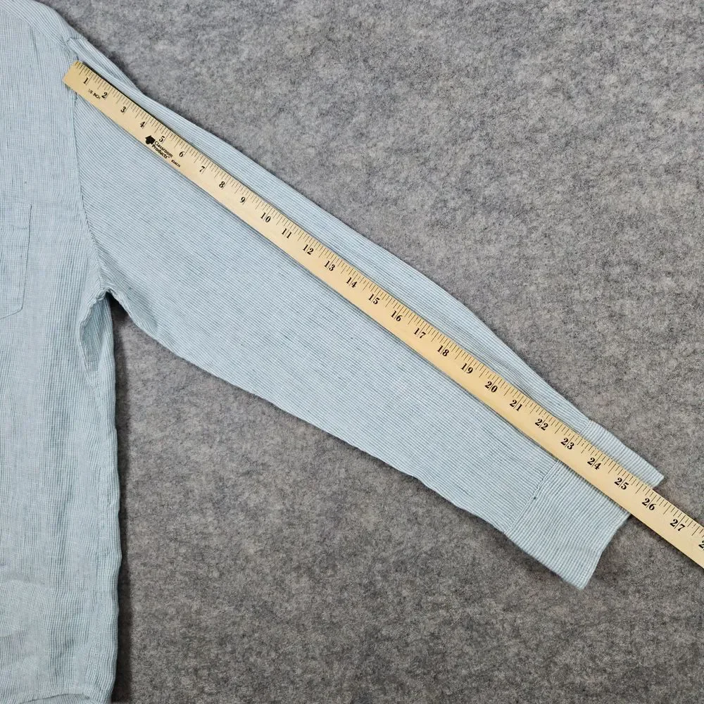 J Crew Green & White Striped Linen/Cotton Size‎ XL Slim Fit Shirt MINOR SNAGS